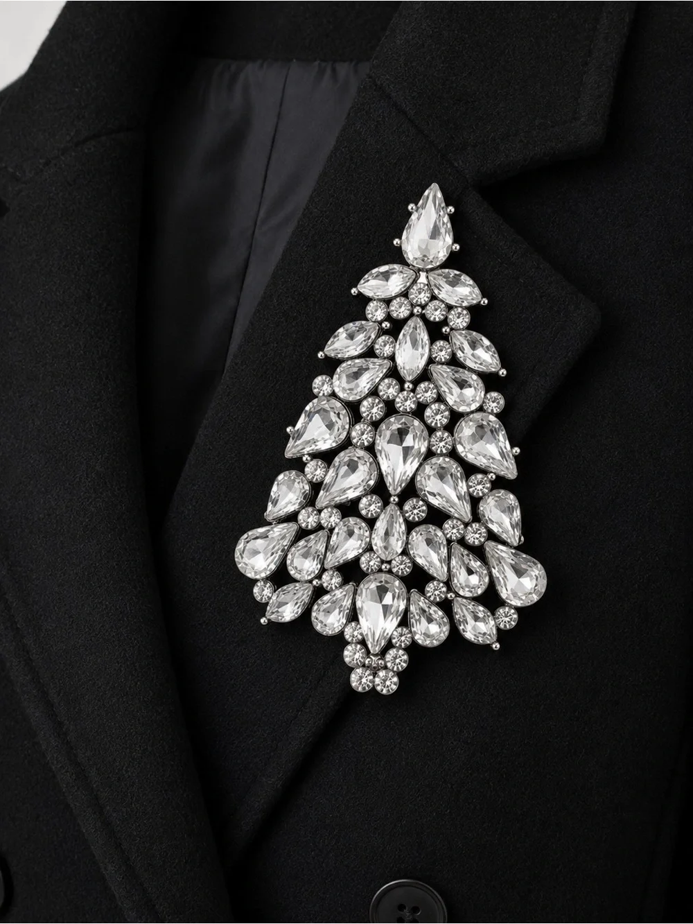 Silver Crystal Teardrop Christmas Tree Magnetic Brooch